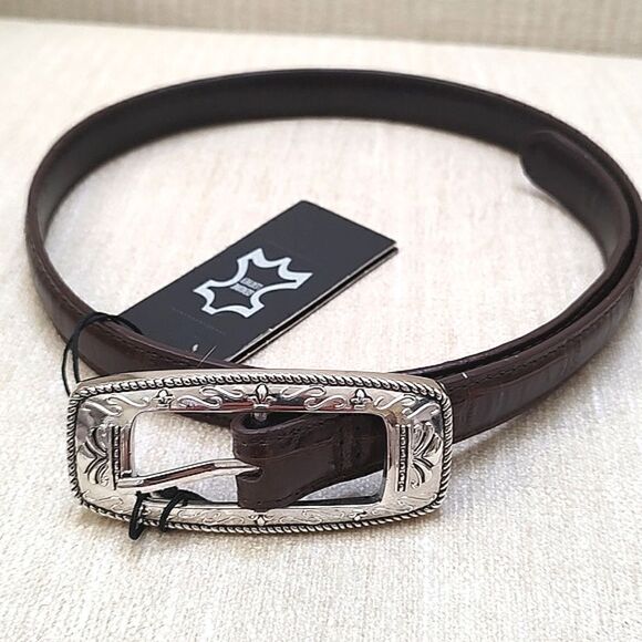 Leather Croc Embossed Brown Belt Silver Buckle NWT - Picture 1 of 13